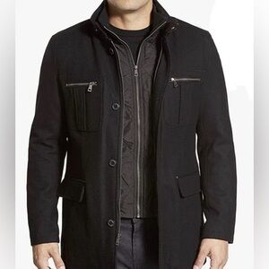 Cole Haan Men’s Medium Black Wool Blend Melton Button & Zip Up Winter Pea Coat